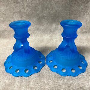 1960s Mid-Century Westmoreland Art Glass Candle Holders in Blue Satin Mist, Dori